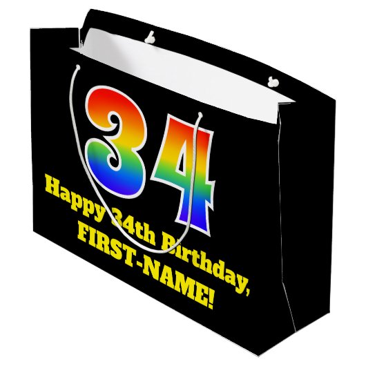 34誕生日~おもしろい, カラフル, 鮮やか, Rainbow 34 ラージペーパーバッグ (裏面アングル)