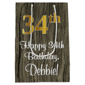 34誕生日:エレガントフェイク金ゴールドルック#,フェイク Wood ミディアムペーパーバッグ (裏面)