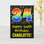 34誕生日:カラフル音楽シンボル+虹34 カード (黄色い花)