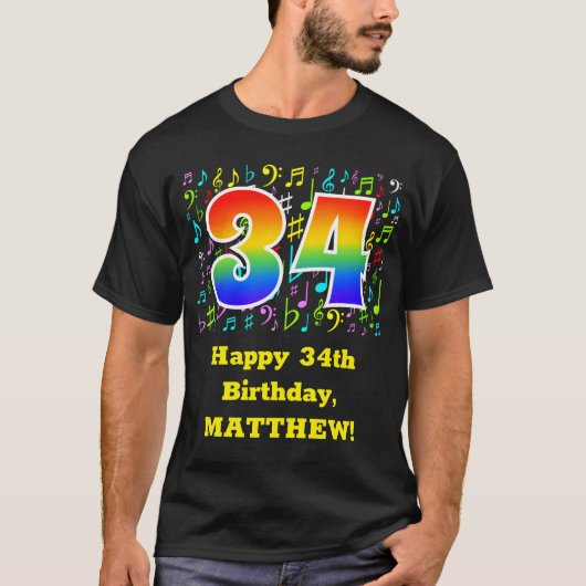 34誕生日:カラフルMusic Symbols, Rainbow 34 Tシャツ (正面)