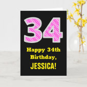34誕生日:ピンクストライプのハートと34+名前 カード (黄色い花)
