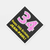 34誕生日:ピンクストライプのハートと34+名前 スタンダードランチョンナプキン (角)