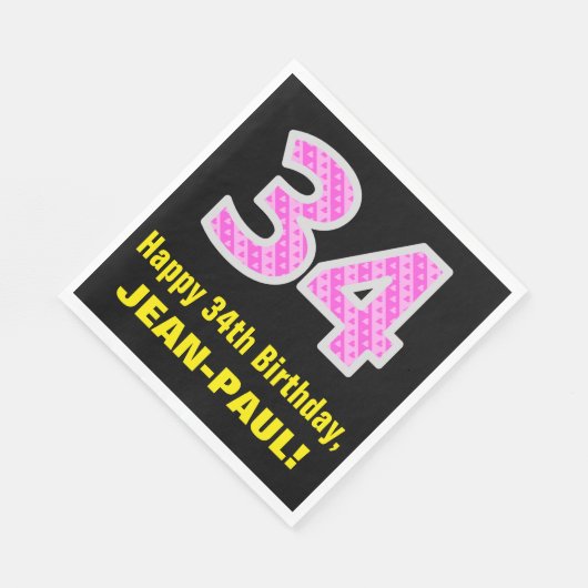 34誕生日：ピンクストライプのハートと34+名前 スタンダードランチョンナプキン (角)