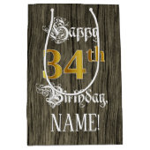 34誕生日:フェイク金ゴールドルック&ウッドフェイクパターン ミディアムペーパーバッグ (正面)