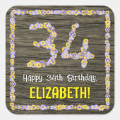 34誕生日:フローラ番号フェイク、木目、名前 スクエアシール (正面)