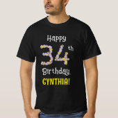 34誕生日:フローラ花数"34" +名前 Tシャツ (正面)