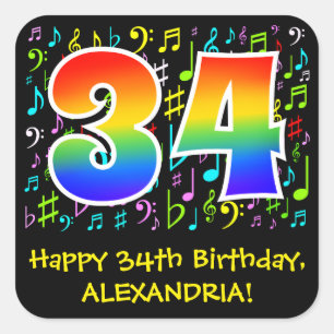 34誕生日:ミュージカラフルックシンボル,レインボー34 スクエアシール