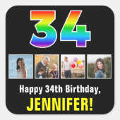 34誕生日:レインボー「34」、写真カスタムと名前 スクエアシール (正面)