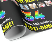 34誕生日:レインボー「34」、写真カスタムと名前 ラッピングペーパー (ロールコーナー)