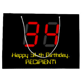 34誕生日：レッドデジタルクロックスタイル"34" +名前 ラージペーパーバッグ