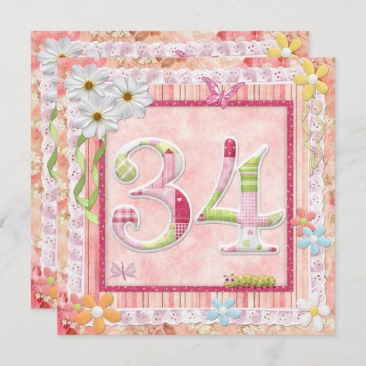 34th誕生日パーティースクラップブック作りスタイル 招待状 (正面/裏面)