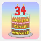 34th Birthday: Fun Cake and Candles + Custom Name スクエアシール (正面)