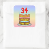 34th Birthday: Fun Cake and Candles + Custom Name スクエアシール (バッグ)