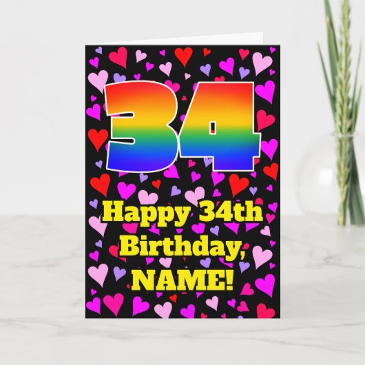 34th Birthday: Loving Hearts Pattern, Rainbow # 34 カード (正面)