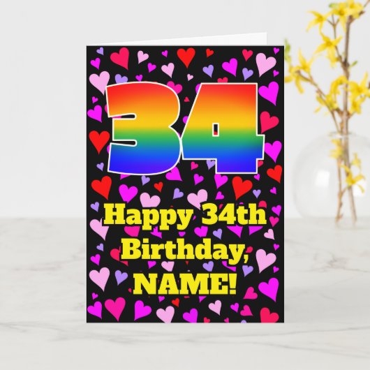 34th Birthday: Loving Hearts Pattern, Rainbow # 34 カード (黄色い花)