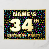 34th Birthday Party —おもしろいカラフル、Stars Pattern 箔招待状 (正面)