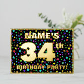 34th Birthday Party —おもしろいカラフル、Stars Pattern 箔招待状 (立ち正面)