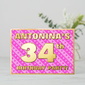 34th Birthday Party —おもしろいピンクのハートとストライプ 箔招待状 (立ち正面)