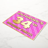 34th Birthday Party —おもしろいピンクのハートとストライプ 箔招待状 (回転した状態)