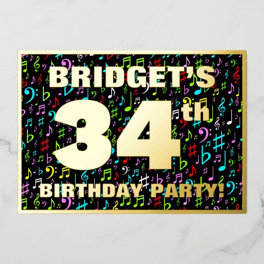34th Birthday Party —おもしろい、音楽シカラフルンボル 箔招待状 (正面)
