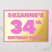 34th Birthday Party — はっきりした、おもしろい、ピンクストライプ色34 箔招待状 (正面)