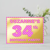 34th Birthday Party — はっきりした、おもしろい、ピンクストライプ色34 箔招待状 (立ち正面)