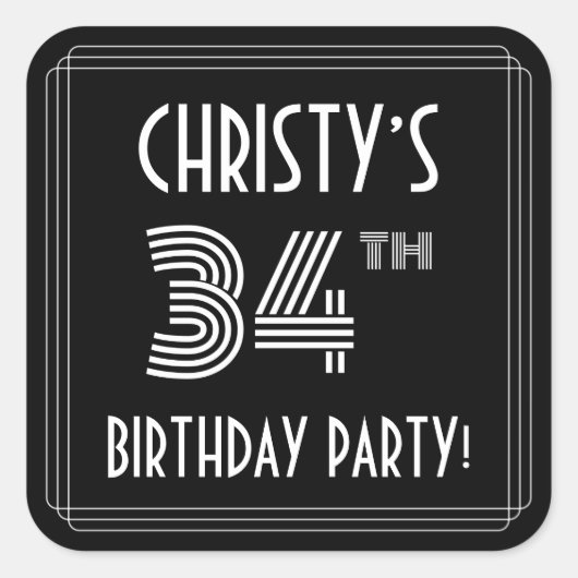 34th Birthday Party:アールデコスタイルと名前をカスタムする スクエアシール (正面)
