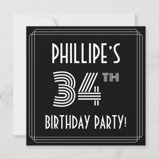 34th Birthday Party:アールデコスタイル(名前をカスタムする付) 招待状 (正面)