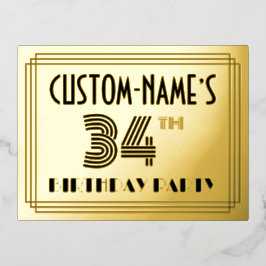 34th Birthday Party ～アールデコスタイル「34」 +名前 箔招待状ポストカード