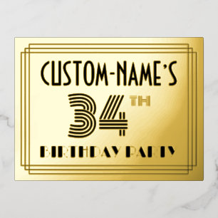 34th Birthday Party ～アールデコスタイル「34」 +名前 箔招待状ポストカード