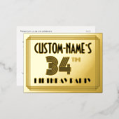 34th Birthday Party ～アールデコスタイル「34」 +名前 箔招待状ポストカード (正面/裏面)