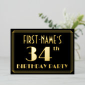 34th Birthday Party:アールデコルック"34"、名前 箔招待状 (立ち正面)