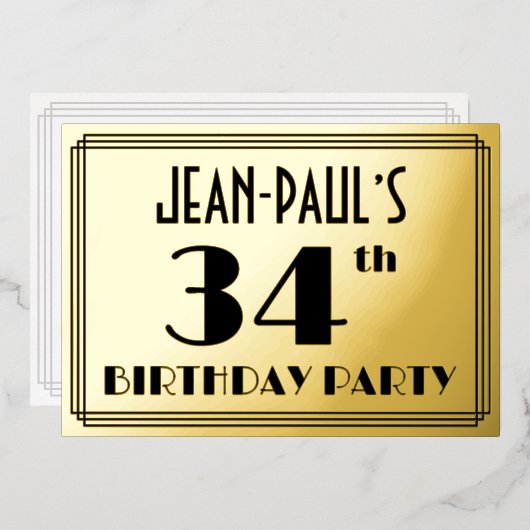 34th Birthday Party —アールデコ検索「34」 +名前 箔招待状 (正面/裏面)