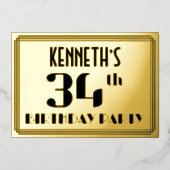 34th Birthday Party:アールデコ「34」と名前 箔招待状 (正面)