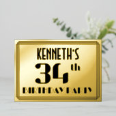 34th Birthday Party:アールデコ「34」と名前 箔招待状 (立ち正面)