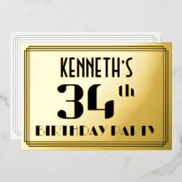 34th Birthday Party:アールデコ「34」と名前 箔招待状