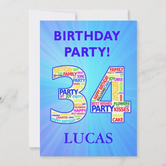 34th Birthday Party Invitation名前の追加 招待状 (正面)