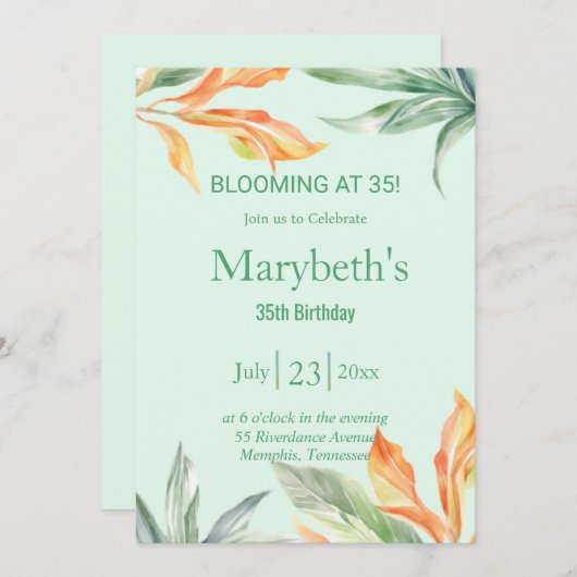 35で咲く – エキゾチックフローラ誕生日 招待状 (正面/裏面)
