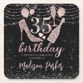 35パーソナライズされた誕生日ピンクブラックグリッター スクエアペーパーコースター (正面)