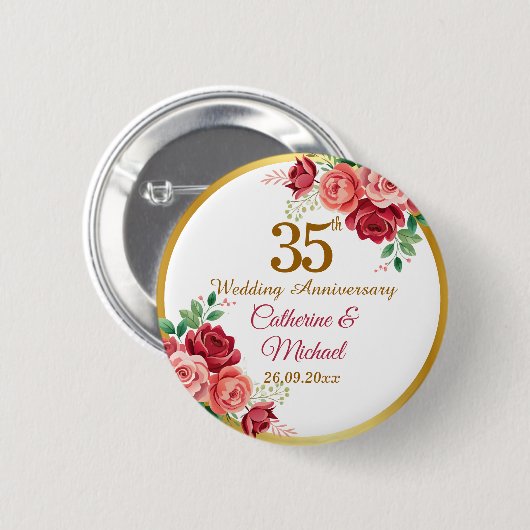 35周年結婚記念ゴールドフレームフラワー 缶バッジ (正面&裏面)