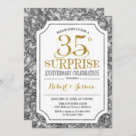 35周年結婚記念日のサプライズ - シルバー ゴールド 招待状 (正面/裏面)
