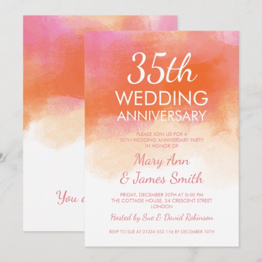 35周年結婚記念日のピンクコーラル・ウォーターカラー 招待状 (正面/裏面)