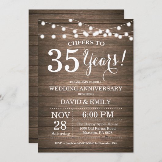 35周年結婚記念日の招待状 木製の背景 招待状 (正面/裏面)