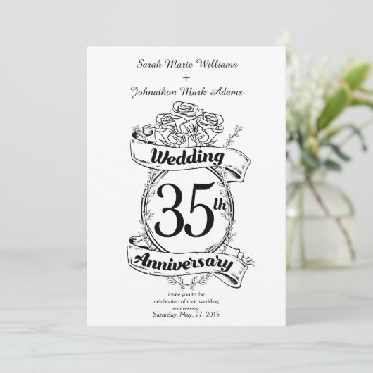 35周年結婚記念日の花　黒と白 招待状 (スタンド正面)