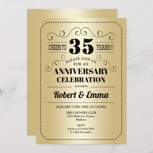 35周年結婚記念日パーティー - ゴールド ブラック 招待状 (正面/裏面)