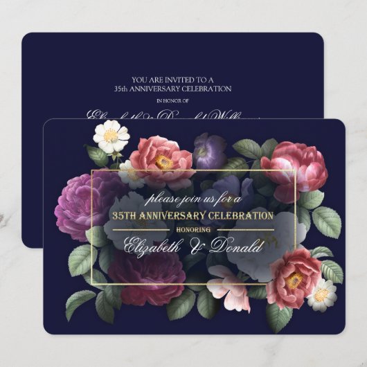 35周年結婚記念日パーティー ヴィンテージ フラワーリング 招待状 (正面/裏面)