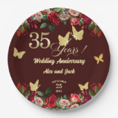 35周年結婚記念日 高級感のある花とゴールド ペーパープレート (正面)