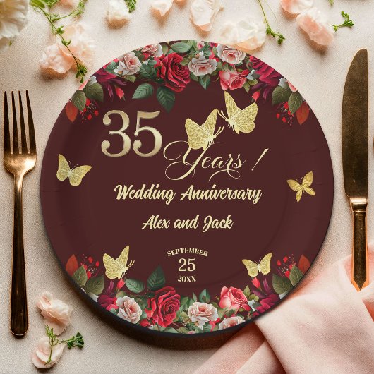 35周年結婚記念日 高級感のある花とゴールド ペーパープレート