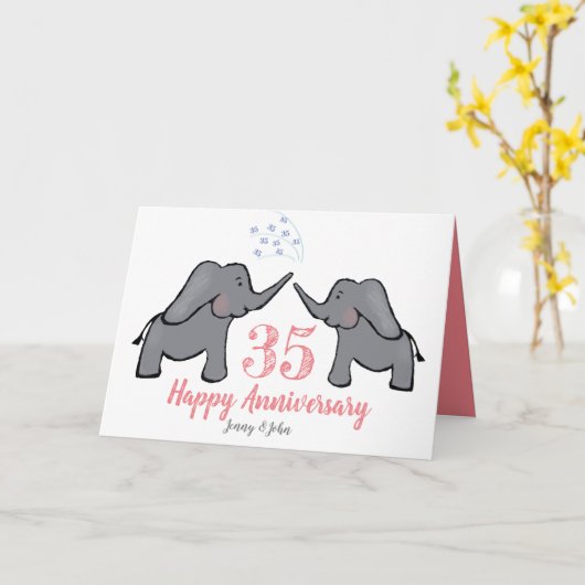 35回目のサンゴ結婚の命日のかわいい象のカード カード (黄色い花)