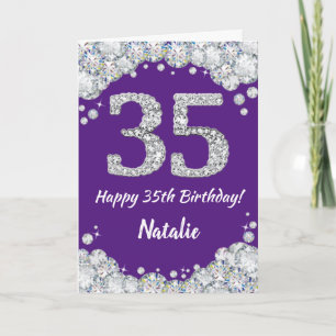 35歳の誕生日おめでとう 紫と銀のグリッターカード カード
